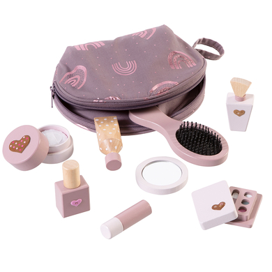 Levně howa ® Toy make-up set kosmetická taška pro děti s 8 ks dřevěných doplňků a samolepkami srdíček