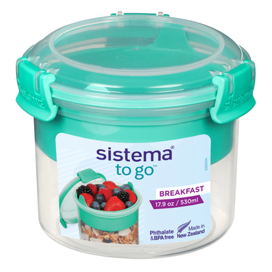 sistema® Boîte alimentaire ronde Breakfast TO GO, cuillère, 530 ml, bleu vert