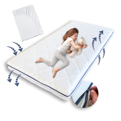 Image of Kids Collective Materasso AERO PLUS con strisce di ventilazione alte 10 cm, 90 x 200 bianco con lenzuolo059