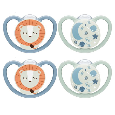 NUK Sucette nuit Space Night silicone taille 2, lion/ciel nocturne lot de 4