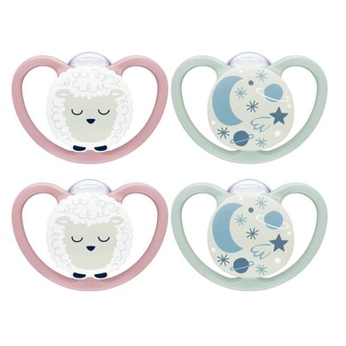 NUK Ciuccio notturno Space Night silicone taglia 2, pecora/cielo notturno 4 pezz