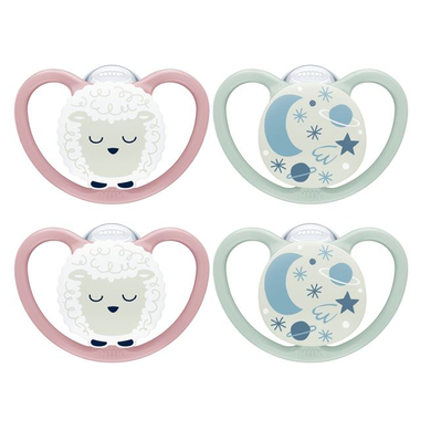 NUK Sucette nuit Space Night silicone taille 2, mouton/ciel nocturne lot de 4