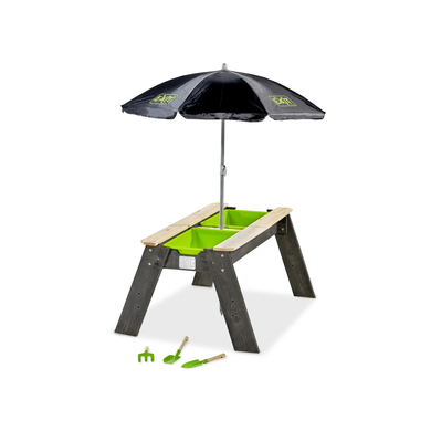 EXIT TOYS Table de jeux d'eau et sable Aksent parasol, outils jardinage bois