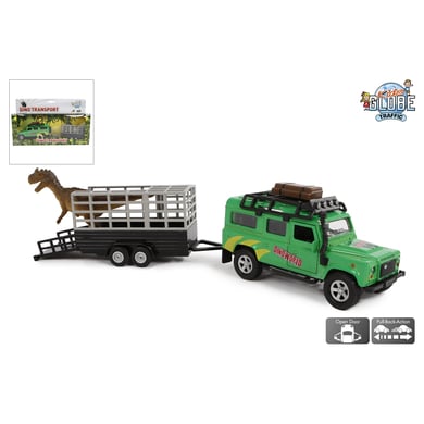 Kids Globe Farming Land Rover Fahrzeug mit Dino auf Anhänger mit Rückzugsmotor Grün Grün
