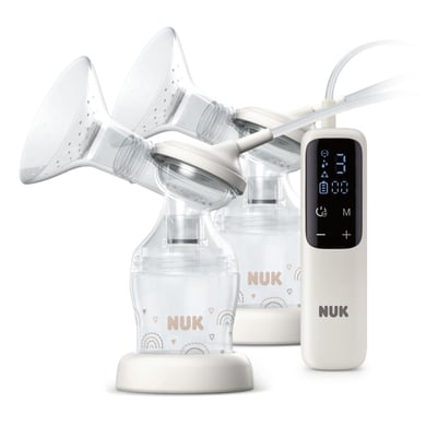 NUK elektrische Doppelmilchpumpe Soft & Easy mit Akku und weicgen Brustaufsätzen inkl. Babyflasche Perfect Match 150ml
