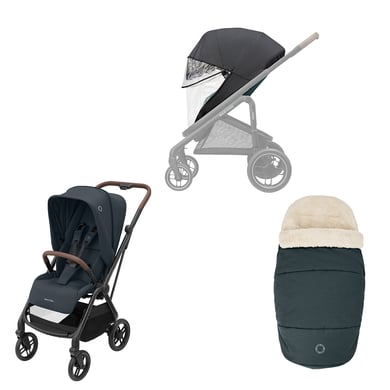 MAXI COSI Set carrozzina Leona 2 Essential Grafite & MAXI COSI 2 in 1 pedana invernale Essential Grafite & MAXI COSI Parapioggia comfort nero