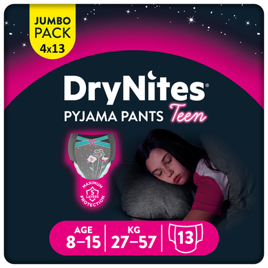 Image of Huggies DryNites pyjamabroek wegwerp meisjes 8-15 jaar jumbo verpakking 4 x 13