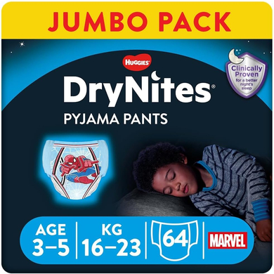 Levně Huggies Jednorázové pyžamové kalhoty DryNites pro chlapce Marvel Design 3-5 let jumbo balení 4 x 16 ks