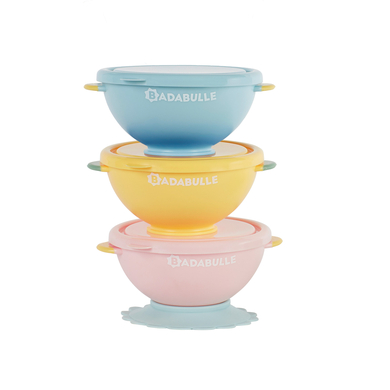 Badabulle Bowl Fun color Set di 3 ciotole con coperchio e ventosa