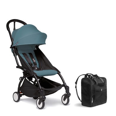 BABYZEN Kinderwagen YOYO2 6+ Black mit Textilset Aqua und GRATIS Backpack YOYO Black