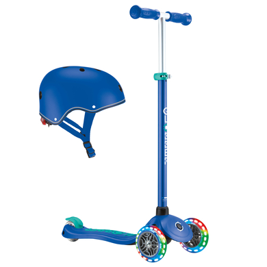 GLOBBER Trottinette enfant 3 roues PRIMO PLUS LIGHTS bleu foncé-turquoise roues lumineuses casque