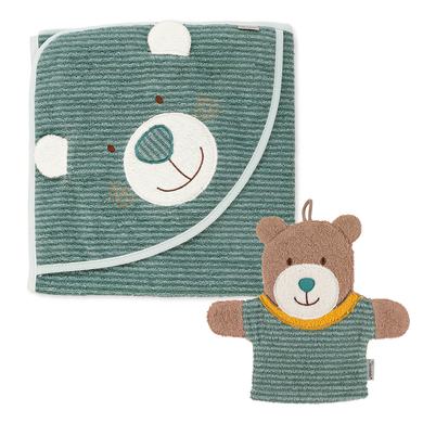 Sterntaler Set drap de bain à capuche/gant de toilette Ours Ben vert moyen
