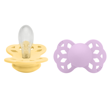 BIBS® Sucettes Infinity tétine symétrique 6-18 mois silicone Pale Butter/Violet Sky lot de 2