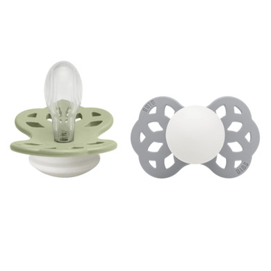 BIBS® Sucette phosphorescente Infinity Glow tétine symétrique 6-18 mois silicone Sage/Cloud lot de 2