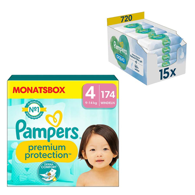 Pampers Couches Premium Protection taille 4 Maxi 9-14kg pack mensuel (174 pcs) lingettes Aqua 720 pc