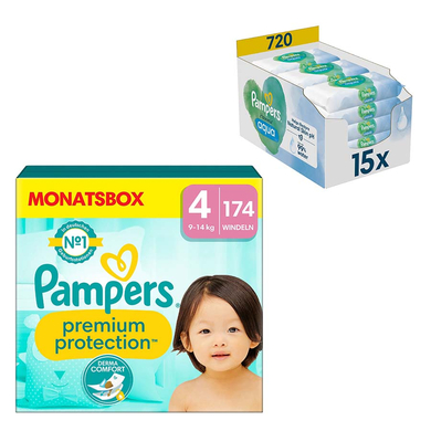 Bilde av Pampers Premium Protection , Størrelse 4 Maxi, 9-14 Kg, Månedsboks (1x 174 Bleier) Og Våtservietter Aqua 720 Våtservietter (15 X 48 Stk)