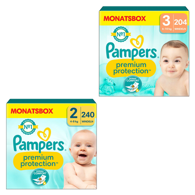 Bilde av Pampers Premium Bleiesett Protection , New Baby Størrelse 2 Mini, 4-8 Kg, Månedsboks (1x 240 Bleier) Og Størrelse 3 Midi, 6-10 Kg, Månedsboks (1x 204 Bleier)