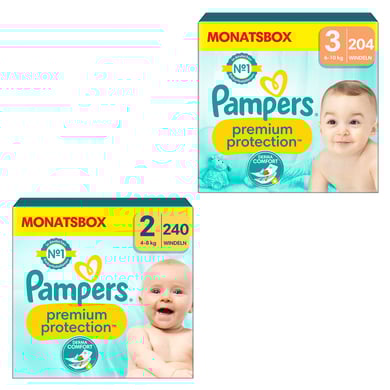 Pampers Set di pannolini Premium Protection , New Baby taglia 2 mini, 4-8kg, confezione mensile (1x 240 pannolini) e taglia 3 midi, 6-10kg, confezione mensile (1x 204 pannolini)