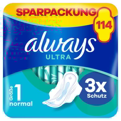 always Serviettes hygiéniques à ailettes Ultra Normal paquet mensuel, 114 serviettes (3 paquets x 38
