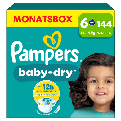 Pampers Pannolini Baby-Dry, taglia 6+, 14-19 kg, confezione mensile (1 x 144 pannolini)