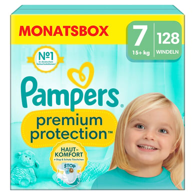 Pampers Protection Large Premiumblöjor , storlek 7 Extra , 15 kg+, månadsförpackning (1x 128 blöjor)