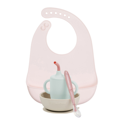 Nattou Set d'apprentissage du repas 4 pièces avec bavoir, silicone en rose