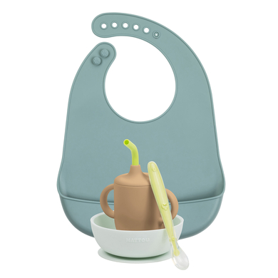 Nattou Kit vaisselle enfant bavoir silicone vert 4 pièces
