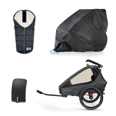 Steel Rimorchio per bicicletta per bambini Qeridoo® Kidgoo1 Collezione Grigio 2023 incl. paraspruzzi, garage pieghevole e coprigambe