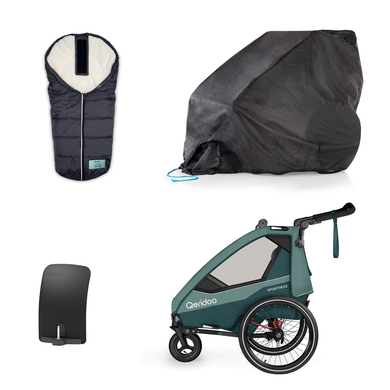 Limited Qeridoo® rimorchio per bicicletta per bambini Sportrex 2 Edition Mineral Blue Collection 2023 incl. parafango, garage pieghevole e coprigambe