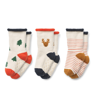 LIEWOOD Eloy chaussettes antidérapantes pour bébé pack de 3 Holiday Reindeer/ sandy mix
