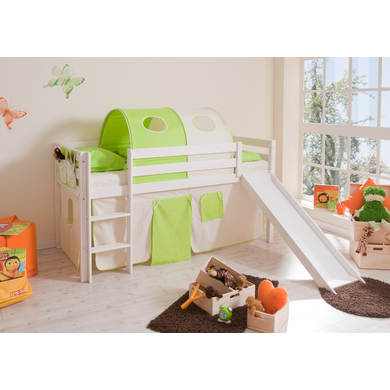 TICAA Letto a soppalco con scivolo per bambini MANUEL Pino bianco - Beige/Verde
