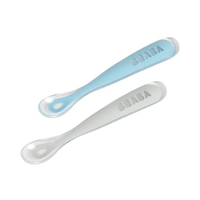 BEABA Juego de 2 cucharas de silicona para bebés con caja para guardarlas 1ª edad azul/gris