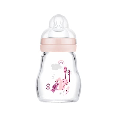 MAM Glazen fles Feel Good blauw 170 ml vanaf 0 maanden Vogel/eekhoorn in roze