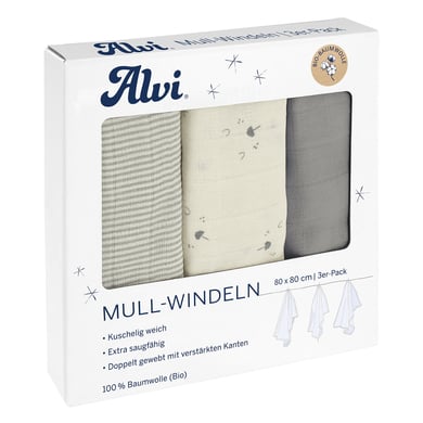 Alvi ® Pañales de gasa paquete de 3 caras 80 x 80 cm