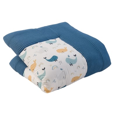 Image of Ullenboom Coperta a gattoni Waffle Pique Motivo balene blu 100x100 cm059