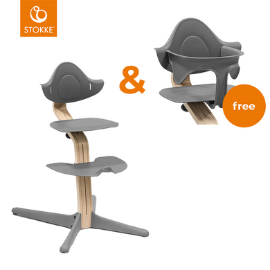 STOKKE® Nomi® barnstol naturbok / grå + gratis babyset grå