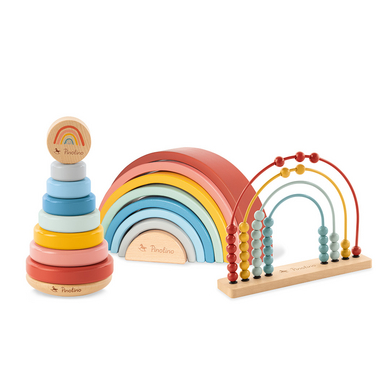 Pinolino Set di abilità motorie Ruby con torre impilabile, arcobaleno in legno e abaco arcobaleno, 3 pezzi.