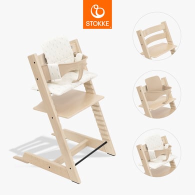 STOKKE® Tripp Trapp® Matstol bok natur inkl. dyna Cream Wheat och Baby Set V2 natur