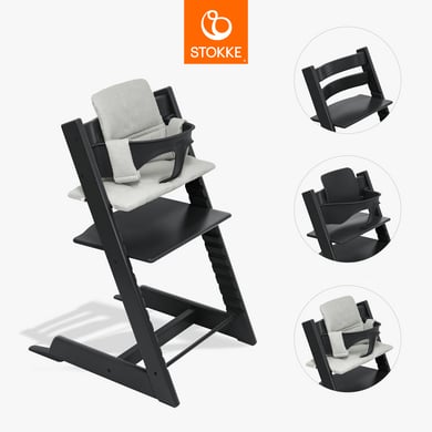 STOKKE® Tripp Trapp® Trona haya negra con cojín Nordic grey y Baby Set V2 negro