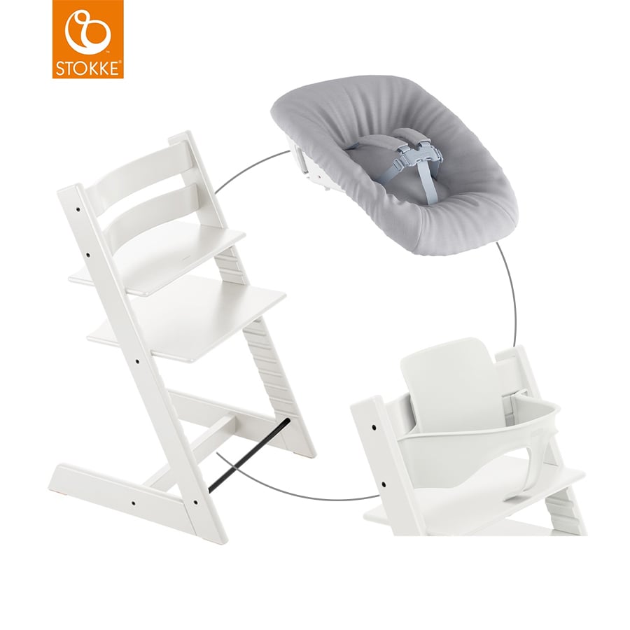 STOKKE® Mega Tripp Trapp® Set Matstol bok vit inkl. Newborn Set™ Grey och Babyset V2 vit