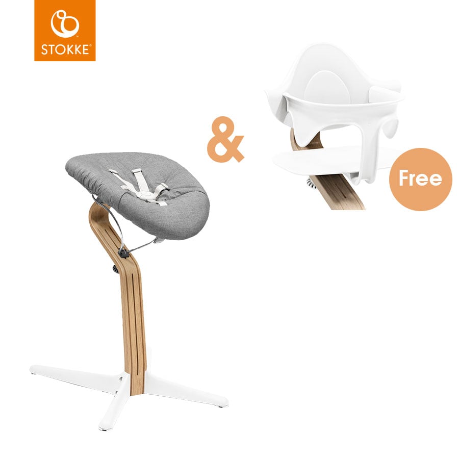 Image of STOKKE® Nomi® Sedia - Quercia / bianco incl. Newborn Set bianco / grigio sabbia + Baby Set gratuito bianco059