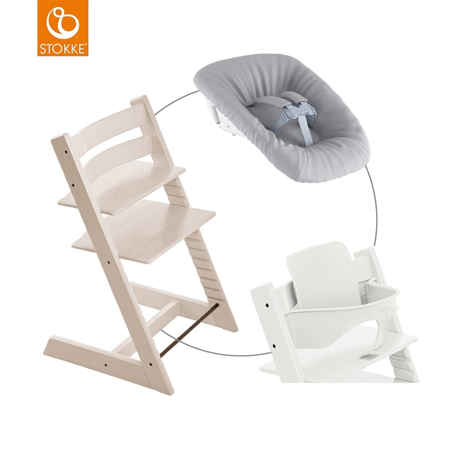 Image of STOKKE® Mega Tripp Trapp® Set Sedia - Faggio biancowash incl. Newborn Set™ Grigio e Baby Set V2 bianco059