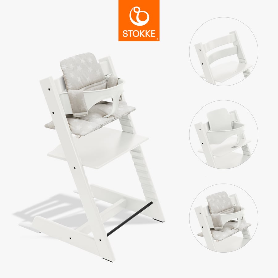 Image of STOKKE® Tripp Trapp® Sedia - Faggio bianco incl. cuscino Stars argento e Baby Set V2 bianco059