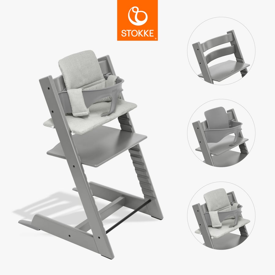 Image of STOKKE® Tripp Trapp® Sedia - Faggio Grigio Tempesta incl. cuscino Nordic Grigio e Baby Set V2 Grigio Tempesta059