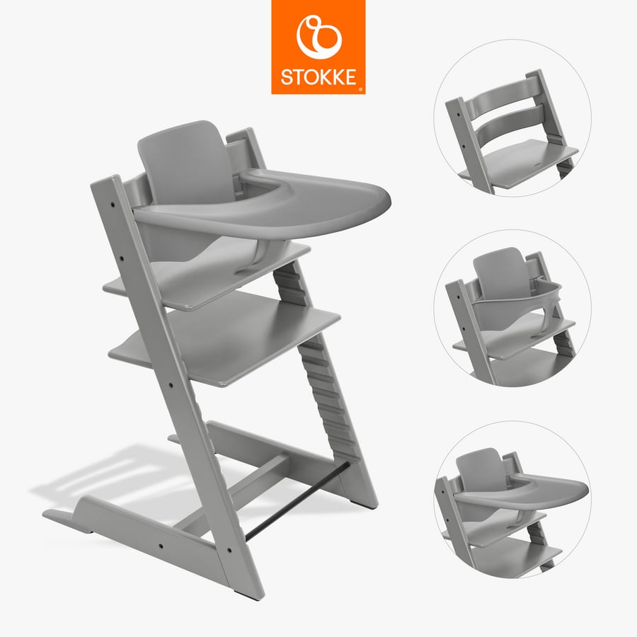 Image of STOKKE® Tripp Trapp® Sedia - Faggio Grigio Tempesta incl. Vassoio Grigio Tempesta e Baby Set V2 Grigio Tempesta059