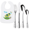 Schnullireich Geschenkset mit Namen Safari: WMF Kinderbesteck + Lätzchen Blauer Elefant Silber