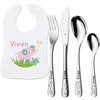 Schnullireich Geschenkset mit Namen Safari: WMF Kinderbesteck + Lätzchen Rosa Elefant Silber