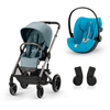 cybex GOLD Klapvogn Balios S Lux Taupe Sky Blue inklusive Cloud G autostol i-Size Plus Beach Blue og Adapter 