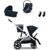 cybex GOLD Carrito de bebé Set Gazelle S Silver Ocean Blue con capazo Gazelle S Cot Ocean Blue, silla portabebés Cloud G i-Size Plus Ocean Blue Plus y adaptador Gazelle S