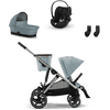 cybex GOLD Carrito de bebé Gazelle S Taupe Sky Blue con capazo Gazelle S Cot Sky Blue, silla portabebés Cloud G i-Size Moon Black y adaptador Gazelle S